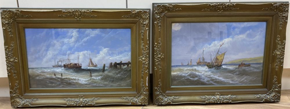 English School (19th century), fishing boats in choppy seas off the coast and companion piece, 32 x 47cm & 29.5 x 49.5cm